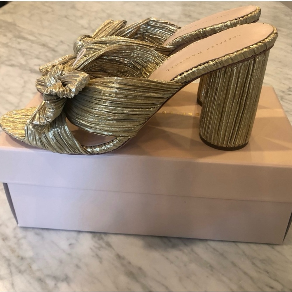Loeffler Randall Gold Pleated Knot Block Heel Mules